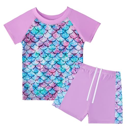 JiAmy Kinder Badeanzug Zweiteiliger Junge Mädchen Badeanzug Kurzarm UV Shirt Badeshorts Badebekleidung Schwimmanzug Set Kinder Bademode Lila 6-7 Jahre von JiAmy