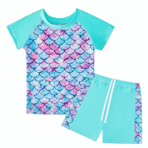 JiAmy Kinder Badeanzug Zweiteiliger Junge Mädchen Badeanzug Kurzarm UV Shirt Badeshorts Badebekleidung Schwimmanzug Set Kinder Bademode Scalecyan 8-9 Jahre von JiAmy