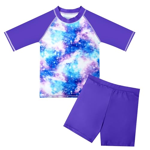 JiAmy Kinder Badeanzug Zweiteiliger Junge Mädchen Badeanzug Kurzarm UV Shirt Badeshorts Badebekleidung Schwimmanzug Set Kinder Bademode Violett 5-6 Jahre von JiAmy