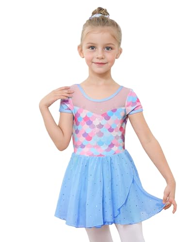 JiAmy Kinder Ballettkleidung Ballettkleid Mädchen Kurzarm Balletttrikot Ballettanzug Tanzkleid Tanzbody mit Rock Tütü von JiAmy