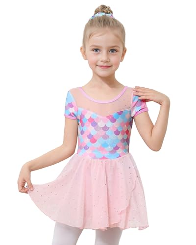 JiAmy Kinder Ballettkleidung Ballettkleid Mädchen Kurzarm Balletttrikot Ballettanzug Tanzkleid Tanzbody mit Rock Tütü von JiAmy