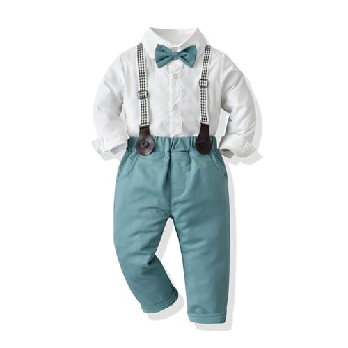 JiAmy Kinder Jungen Bekleidungssets 2tlg, Baby Jungen Gentleman Anzüge Langarm Hemd mit Bowtie + Hosenträger Hosen Gentleman Outfit Set 18-24 Monate, Hellgrün von JiAmy