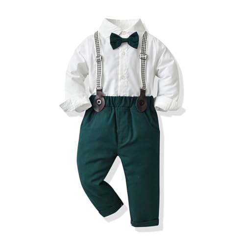 JiAmy Kinder Jungen Bekleidungssets 2tlg, Baby Jungen Gentleman Anzüge Langarm Hemd mit Bowtie + Hosenträger Hosen Gentleman Outfit Set 3-4 Jahre, Grün von JiAmy
