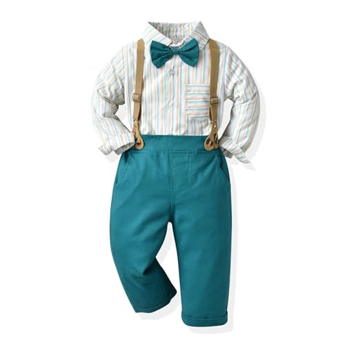 JiAmy Kinder Jungen Gentleman Anzüge 2tlg, Baby Jungen Bekleidungssets Langarm Hemd mit Bowtie + Hosenträger Hosen Gentleman Outfit Set 2-3 Jahre, Blau von JiAmy