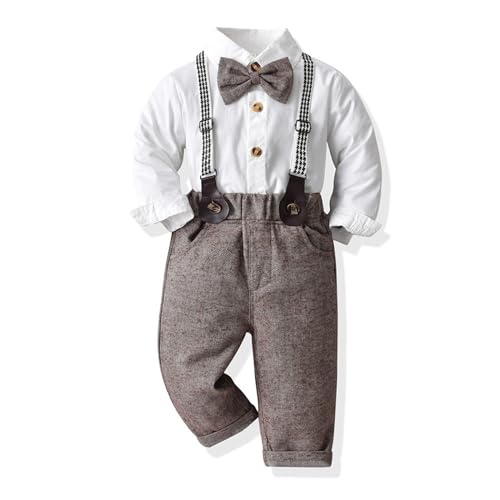 JiAmy Kinder Jungen Gentleman Anzüge 2tlg, Baby Jungen Bekleidungssets Langarm Hemd mit Bowtie + Hosenträger Hosen Gentleman Outfit Set 3-4 Jahre, Khaki von JiAmy