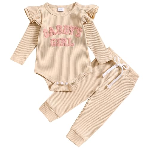 JiAmy Kinder Mädchen Kleidung, Rüschen Langarm Spitze Strampler Daddys Girl Bodysuit und Lange Hosen 2tlg Outfits für 9-12 Monate, Beige von JiAmy