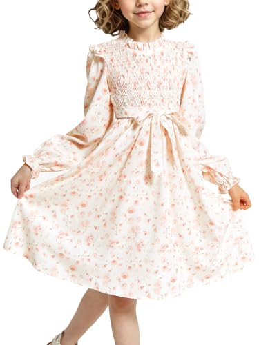 JiAmy Kleid Mädchen Langarm Rüschenhals Blumen Muster Kinder Kleider Prinzessinkleid Gespickt Elastisch A-Linie Partykleid mit Gürtel Frühling Herbst Mädchen Kleidung für 6-7 Jahre, (Etikett: 120) von JiAmy