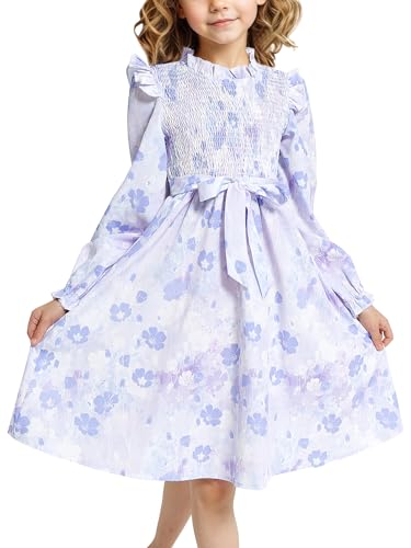 JiAmy Kleid Mädchen Langarm Rüschenhals Blumen Muster Kinder Kleider Prinzessinkleid Gespickt Elastisch A-Linie Partykleid mit Gürtel Frühling Herbst Mädchen Kleidung für 9-10 Jahre, (Etikett: 150) von JiAmy