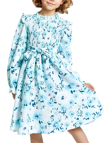 JiAmy Kleid Mädchen Langarm Rüschenhals Blumen Muster Kinder Kleider Prinzessinkleid Gespickt Elastisch A-Linie Partykleid mit Gürtel Frühling Herbst Mädchen Kleidung für 9-10 Jahre, (Etikett: 150) von JiAmy