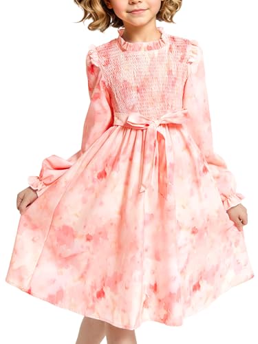 JiAmy Kleid Mädchen Langarm Rüschenhals Blumen Muster Kinder Kleider Prinzessinkleid Gespickt Elastisch A-Linie Partykleid mit Gürtel Frühling Herbst Mädchen Kleidung für 9-10 Jahre, (Etikett: 150) von JiAmy