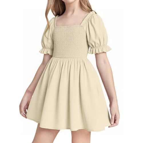 JiAmy Kleider für Mädchen Puffärmel Sommerkleid Quadratischer Ausschnitt Geraffte BrustbereichKinder Kleider A-Linie Einfarbig Mädchen Freizeitkleider für 11-12 Jahre, Beige (Etikett:150) von JiAmy