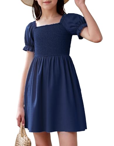 JiAmy Kleider für Mädchen Puffärmel Sommerkleid Quadratischer Ausschnitt Geraffte BrustbereichKinder Kleider A-Linie Einfarbig Mädchen Freizeitkleider für 11-12 Jahre, Marineblau (Etikett:150) von JiAmy