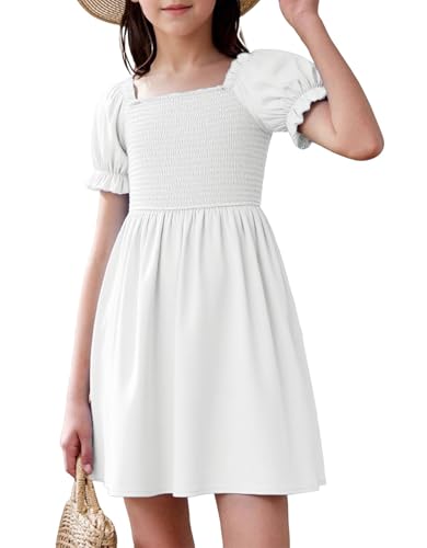 JiAmy Kleider für Mädchen Puffärmel Sommerkleid Quadratischer Ausschnitt Geraffte BrustbereichKinder Kleider A-Linie Einfarbig Mädchen Freizeitkleider für 11-12 Jahre, Weiß (Etikett:150) von JiAmy