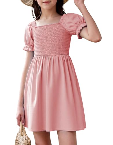JiAmy Kleider für Mädchen Puffärmel Sommerkleid Quadratischer Ausschnitt Geraffte BrustbereichKinder Kleider A-Linie Einfarbig Mädchen Freizeitkleider für 7-8 Jahre, Rosa (Etikett:130) von JiAmy
