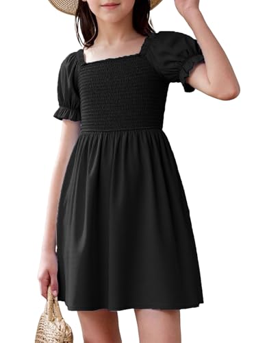 JiAmy Kleider für Mädchen Puffärmel Sommerkleid Quadratischer Ausschnitt Geraffte BrustbereichKinder Kleider A-Linie Einfarbig Mädchen Freizeitkleider für 9-10 Jahre, Schwarz (Etikett:140) von JiAmy