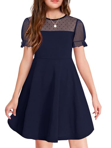 JiAmy Kleider für Mädchen Puffärmel Tüll-Einsätzen Sommerkleid A-Linie Leicht Kinder Freizeit Kleider für 9-10 Jahre, Navyblau (Etikett:140) von JiAmy