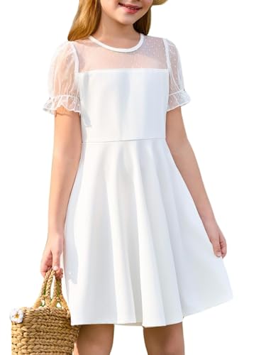 JiAmy Kleider für Mädchen Tüll Puffärmel Süßes Kinder Kleid Mädchen Sommerkleid Einfarbig Knielang Partykleider Leicht Freizeitkleid für 11-12 Jahre, Weiß (Etikett:150) von JiAmy
