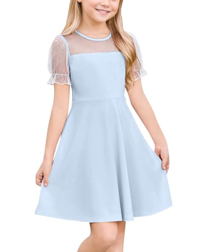 JiAmy Kleider für Mädchen Tüll Puffärmel Süßes Kinder Kleid Mädchen Sommerkleid Einfarbig Knielang Partykleider Leicht Freizeitkleid für 13 Jahre, Hellblau (Etikett:160) von JiAmy