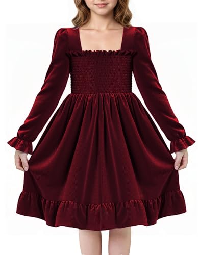 JiAmy Kleider für Mädchen Samt Langarmkleid Kinder Quadratischer Hals Festliches Mädchen Kleid Rüschensaum Herbst Winter Hochzeit Geburtstag Partykleid für 3-4 Jahre, Rot (Etikett: 100 von JiAmy
