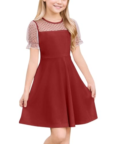 JiAmy Kleider für Mädchen Tüll Puffärmel Süßes Kinder Kleid Mädchen Sommerkleid Einfarbig Knielang Partykleider Leicht Freizeitkleid für 5–6 Jahre, Rot (Etikett:120) von JiAmy