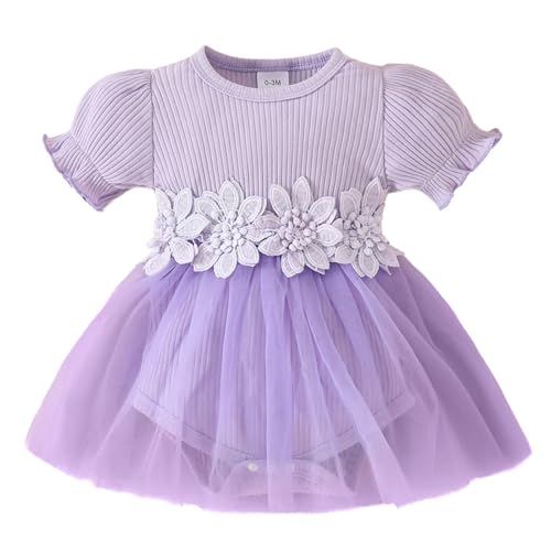 JiAmy Kleinkind Baby Mädchen Kleid Blume Stickerei Tüllkleid Neugeborene Kurzarm Strampler Frühling Sommer Kleidung Prinzessin Kleider für Mädchen 12-18 Monate Violett von JiAmy