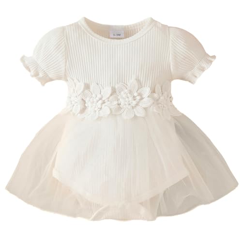 JiAmy Kleinkind Baby Mädchen Kleid Blume Stickerei Tüllkleid Neugeborene Kurzarm Strampler Frühling Sommer Kleidung Prinzessin Kleider für Mädchen 3-6 Monate Weiß von JiAmy