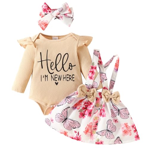 JiAmy Kleinkind Baby Mädchen Kleidung Rüschen Langarm Spitze Strampler Daddys Girl Bodysuit Trägerrock mit Stirnband 3tlg Outfits für 12-18 Monate, Beige von JiAmy