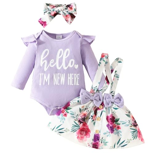 JiAmy Kleinkind Baby Mädchen Kleidung Rüschen Langarm Spitze Strampler Daddys Girl Bodysuit Trägerrock mit Stirnband 3tlg Outfits für 6-9 Monate, Lila von JiAmy