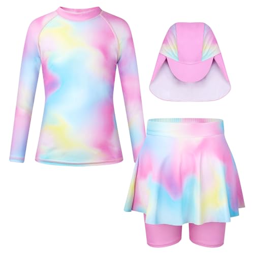 JiAmy Mädchen Badeanzug Bademode Sets mit UV Shirt Badeshorts Rock UV Bademütze Kinder Badebekleidung Schwimmanzug Set 4-5 Jahre von JiAmy