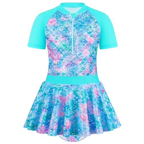 JiAmy Mädchen Badeanzug Einteiler Kurzarm Fischschuppen Kinder Baderock mit Reißverschluss UV Schutz Sport Schwimmanzug für Mädchen 4-5 Jahre (Etikett:100) von JiAmy