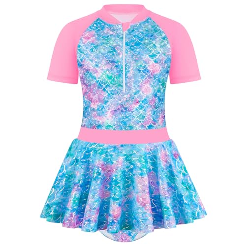 JiAmy Mädchen Badeanzug Einteiler Kurzarm Fischschuppen Kinder Baderock mit Reißverschluss UV Schutz Sport Schwimmanzug für Mädchen 5-6 Jahre (Etikett:110) von JiAmy