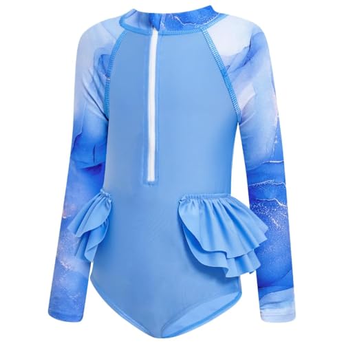 JiAmy Mädchen Badeanzug Einteiler Langärmelig Reißverschluss Rüsche Bademode Sommer Rash Guards für Kinder 3-4 Jahre, 100, Meerblau von JiAmy