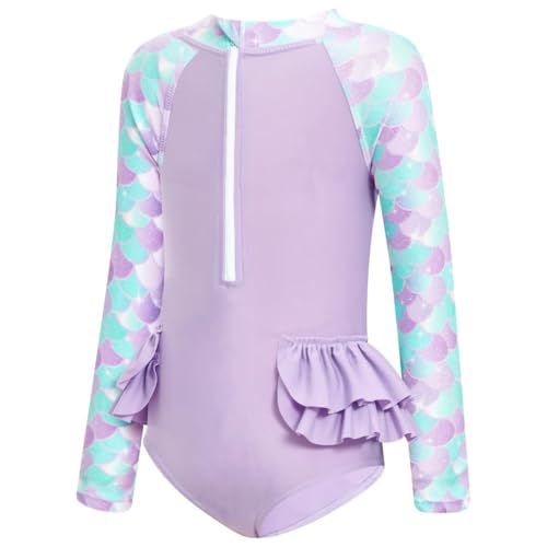 JiAmy Mädchen Badeanzug Einteiler Langärmelig Reißverschluss Rüsche Bademode Sommer Rash Guards für Kinder 6-7 Jahre, 120, Lila von JiAmy