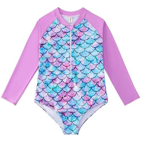 JiAmy Mädchen Badeanzug Kinder Langärmelig UV Schwimmanzug Einteilig Sommer Sportlich Rash Guards für 5-6 Jahre (Etikett:110) von JiAmy