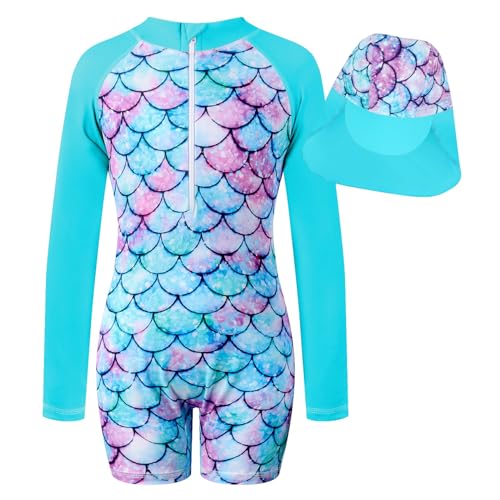 JiAmy Mädchen Badeanzug UV Schutz Einteiler Schwimmanzug mit Sonnenhut Langarm Reißverschluss Bademode Badeanzüge für Kinder 5-6 Jahre von JiAmy