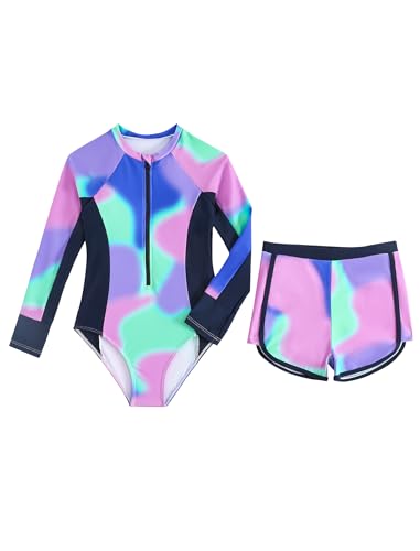 JiAmy Mädchen Badeanzug Zweiteiler Set, Langarm UV Schwimmshirt mit Badehose, Krawattenfärbung Sport Schwimmanzug für 11 Jahre, Lila (Etikett:11Y) von JiAmy