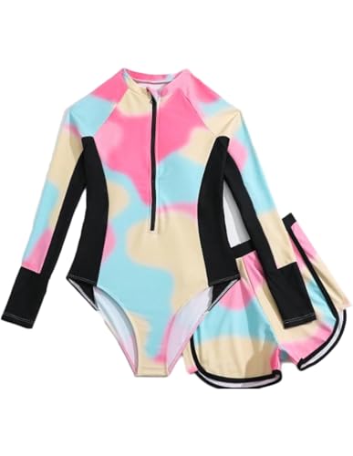 JiAmy Mädchen Badeanzug Zweiteiler Set, Langarm UV Schwimmshirt mit Badehose, Krawattenfärbung Sport Schwimmanzug für 11 Jahre, Rosa (Etikett:11Y) von JiAmy