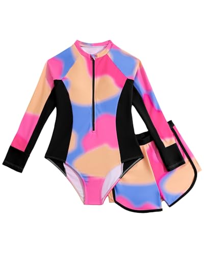 JiAmy Mädchen Badeanzug Zweiteiler Set, Langarm UV Schwimmshirt mit Badehose, Krawattenfärbung Sport Schwimmanzug für 8 Jahre, Rosarot (Etikett:8Y) von JiAmy