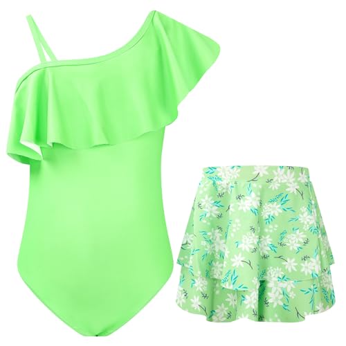 JiAmy Mädchen Badeanzug mit Rock Schulter Rüsche UV Schutz Schwimmanzug Floral Mädchen Bademode 10-12 Jahre von JiAmy