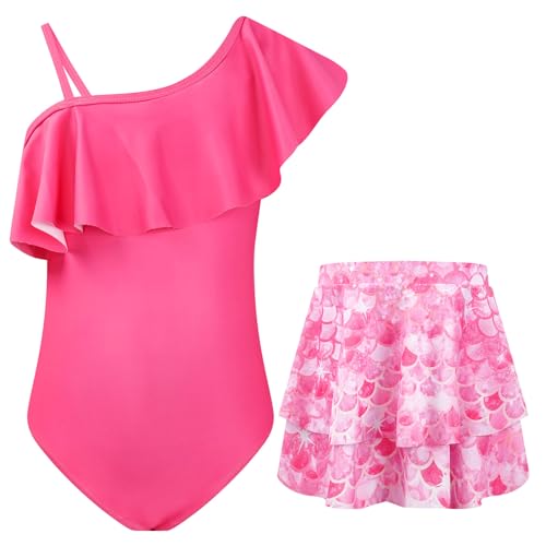 JiAmy Mädchen Badeanzug mit Rock Schulter Rüsche UV Schutz Schwimmanzug Floral Mädchen Bademode 5-6 Jahre von JiAmy