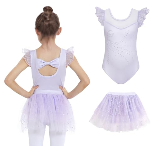 JiAmy Mädchen Ballettbekleidung Rüschenärmel Ballettkleid Kinder Ballett Outfit Tanzkleid Ballerina Kleid mit Rock Tütü für 4-5 Jahre,Violett von JiAmy