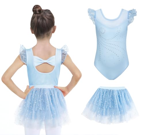 JiAmy Mädchen Ballettbekleidung Rüschenärmel Ballettkleid Kinder Ballett Outfit Tanzkleid Ballerina Kleid mit Rock Tütü für 5-6 Jahre,Blau von JiAmy