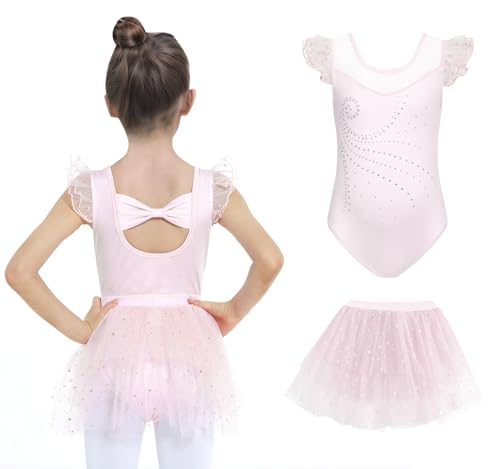 JiAmy Mädchen Ballettbekleidung Rüschenärmel Ballettkleid Kinder Ballett Outfit Tanzkleid Ballerina Kleid mit Rock Tütü für 5-6 Jahre,Rosa von JiAmy