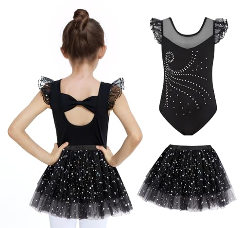JiAmy Mädchen Ballettbekleidung Rüschenärmel Ballettkleid Kinder Ballett Outfit Tanzkleid Ballerina Kleid mit Rock Tütü für 5-6 Jahre,Schwarz von JiAmy