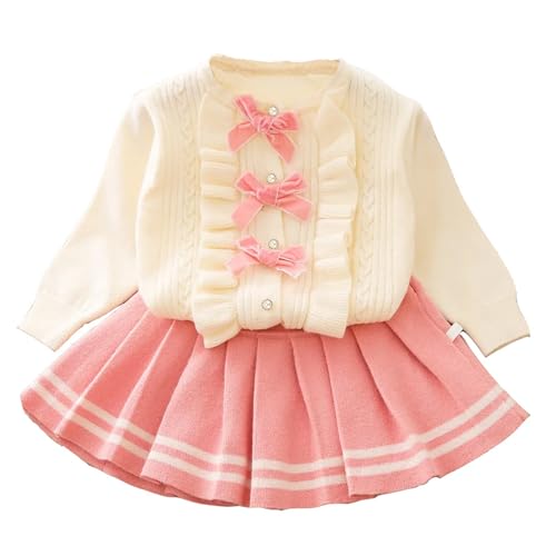 JiAmy Mädchen Bekleidungssets Kinder Langarm Blume Bowknot Strickjacke Mantel Pullover Kleid 2Pcs Kleidung Herbst Winter Mode Outfits Set für Mädchen 3-4 Jahre Rosa von JiAmy