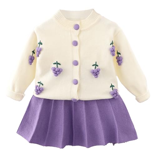 JiAmy Mädchen Bekleidungssets Kinder Langarm Blume Bowknot Strickjacke Mantel Pullover Kleid 2Pcs Kleidung Herbst Winter Mode Outfits Set für Mädchen 3-4 Jahre Violett von JiAmy