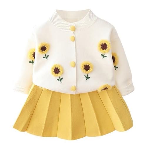 JiAmy Mädchen Bekleidungssets Kinder Langarm Blume Bowknot Strickjacke Mantel Pullover Kleid 2Pcs Kleidung Herbst Winter Mode Outfits Set für Mädchen 4-5 Jahre Gelb von JiAmy
