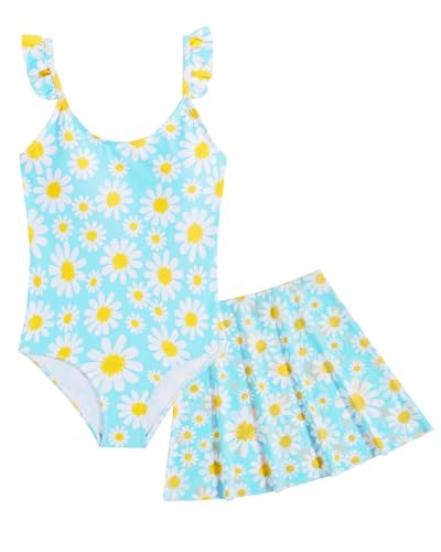 JiAmy Mädchen EIN Stück Badeanzug mit Rüschenrock Sommer Strand Badeanzug Daisy Floral Mädchen Badebekleidung für 7-8 Jahre, Himmelblau (Etikett: 120) von JiAmy