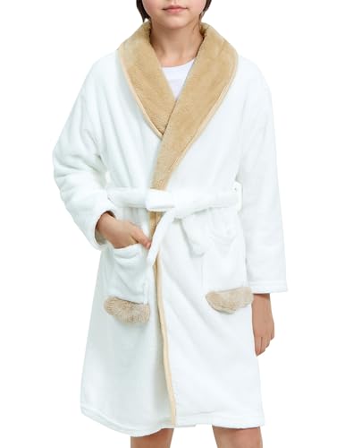 JiAmy Mädchen Bademantel Langer Flauschiger Hausmantel Koralle Plüsch Fleece Lounge Outfit von JiAmy