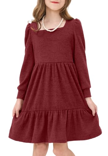 JiAmy Mädchen Kleid Gerippt Gestrickt, Kinder Weich Langärmlig Kleider Quadratischer Ausschnitt mit Taschen Flauschig Warm Herbst Winter Kleid für Toddler Kleine Mädchen 3-4 Jahre, Rot von JiAmy